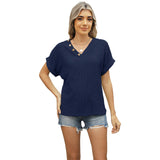 V-Neck Jacquard Button Loose Cutout T-Shirt
