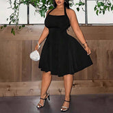 SQUARE NECK HALTER CINCHED WAIST A LINE DRESS_CWDMD6063