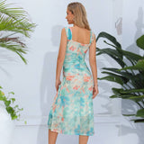 Square Neck Sleeveless Mesh Midi Dress With Print