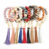 LEOPARD WOOD BEAD BRACELET KEYCHAIN WITH TASSEL_CWMM7016