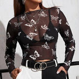 Womens Sexy Mesh Butterfly Long Sleeve Top
