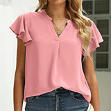 V-Neck Fly Sleeve Short Sleeve Solid Color Top