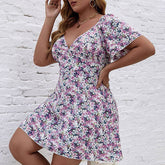 V-Neck Waist Cinched Large Hem Printed Dress
