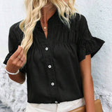 Womens Casual Pleated Button-Down Linen Shirt
