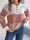 V-Neck Color-Blocked Lantern Sleeve Sweater