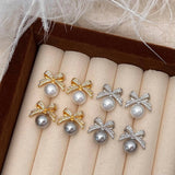 Womens Vintage Full Diamond Bow Pearl Earrings