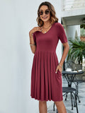 Solid Color V-Neck Basic Pleated Casual Dress