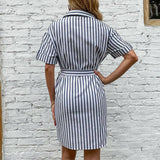 Striped Lapel Lace-Up Shirt Dress
