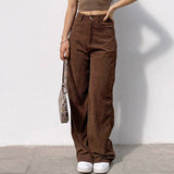 Solid Color High Waiste Casual Straight Leg Pants