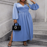 SEXY V NECK WAIST CINCHED LONG SLEEVE DRESS_CWDMD6044