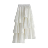 ASYMMETRICAL RUFFLED PLEATED TIERED MIDI SKIRT_CWBMS0392