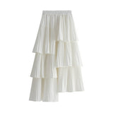 ASYMMETRICAL RUFFLED PLEATED TIERED MIDI SKIRT_CWBMS0392