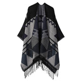 FRINGED GEOMETRIC PATTERN SHAWL SLIT CAPE SCARF_CWASC2213