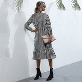 Vertical Striped Fashion Semi-Turtleneck Dress