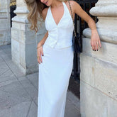 V-Neck Halter Top, Low-Waist Slit Skirt Set