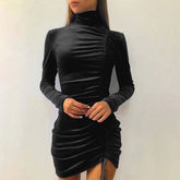 Velvet Drawstring High Neck Sexy Hip Wrap Dress