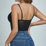 SOLID COLOR V NECK CROSS STRAP SEXY LACE BODYSUIT_CWMM4642