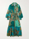 Vintage Print Dress With Lapel Lantern Sleeves