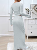 Striped Knitted Long-Sleeved Half-Skirt Suit