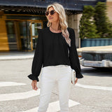 Solid Color Crew-Neck Long-Sleeved Loose Chiffon