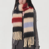 Women Contrasting Striped Fringed Plaid Scarf