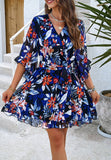 Vacation Floral Tie Waist Chiffon Short Dress