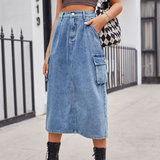 Wome Washed Denim Cargo Midi Skirt Slim Fit_Cwjsk0198