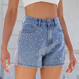 Washed Design With Beaded Slimming Denim Shorts