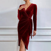 V Neck Wrap Hip Irregular Medium Length Dress_Cwdsd2727