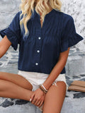 Womens Casual Pleated Button-Down Linen Shirt