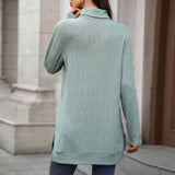 Solid-Color High-Neck Long-Sleeved Slit T-Shirt
