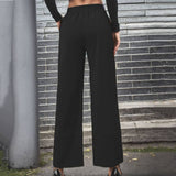 Solid Color Elastic High-Waisted Button-Up Slacks