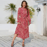 Stand Collar Lace-Up Pleated Casual Long Dress