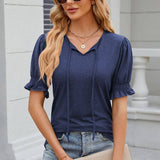 V-Neck Drawstring Pleated Loose Fitting T-Shirt