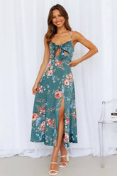 Stylish Sexy Deep V Printed Bow Back Split Dress