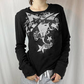 Vintage Star Print Crew Neck Solid Color T-Shirt
