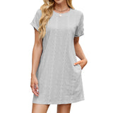 Solid Color Crew Neck Short Sleeve Pocket Dress