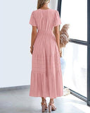 V-Neck Pleated Puffy Sleeve Short Sleeved Dress
