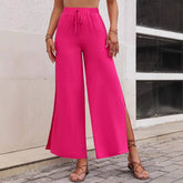 Solid-Color Slit High-Waisted Wide-Leg Pants