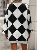 V-Neck Diamond Check Patchwork Color Cardigan