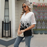 V-Neck Printed Chiffon Top With Lace Sleeves