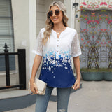 V-Neck Printed Chiffon Top With Lace Sleeves