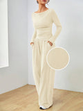 Solid-Color Long-Sleeved Wide-Leg Long Pants Set