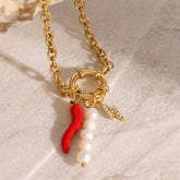 18K GOLD STEEL PEARL RED CHILI CHARM BRACELET_CWAJE4891