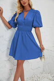 V-Neck Puffy Sleeve Pleated High-Waisted Dress
