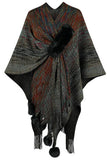 Cwocas0051_Contrast Color Pompom Tassel Knitted Shawl