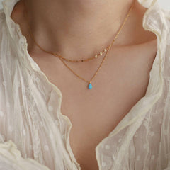 BLUE TEARDROP GLITTER DOUBLE LAYER NECKLACE_CWAJE1579