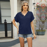 V-Neck Jacquard Button Loose Cutout T-Shirt