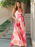 Waist-Cinched Bohemian V-Neck Print Maxi Dress