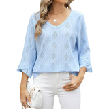 V-Neck Diamond Check Hollow-Out Jacquard T-Shirt